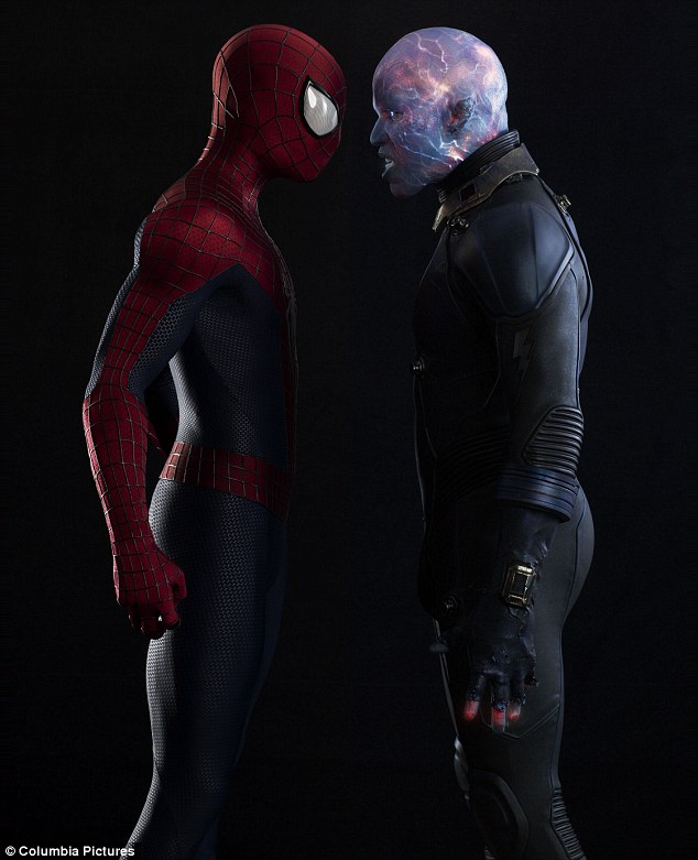 Face off: Jamie looks intimidating in the striking new promotional images as he stands of against Spider-Man, played once more by Andrew Garfield